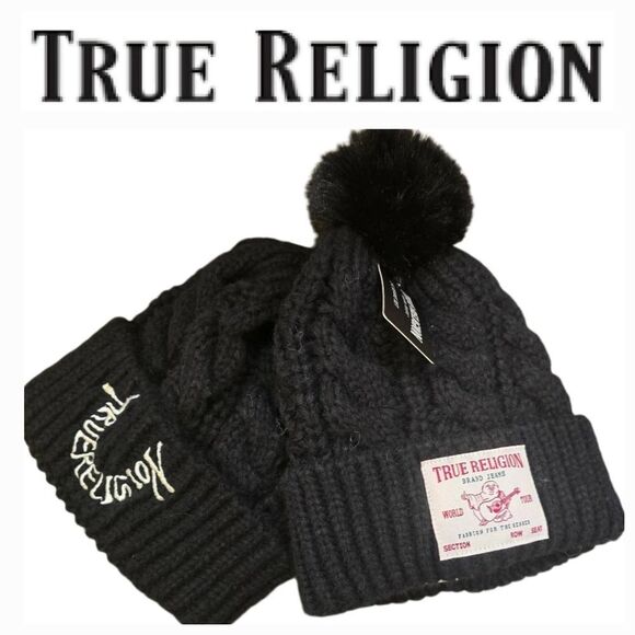 True Religion World Tour Logo 2-PK Pom & Cable Knit Beanie Hats